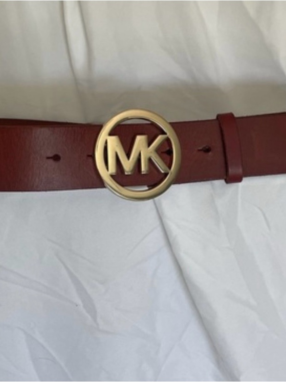 Michael Kors Burgundy Leather Belt with Gold MK Round Buckle